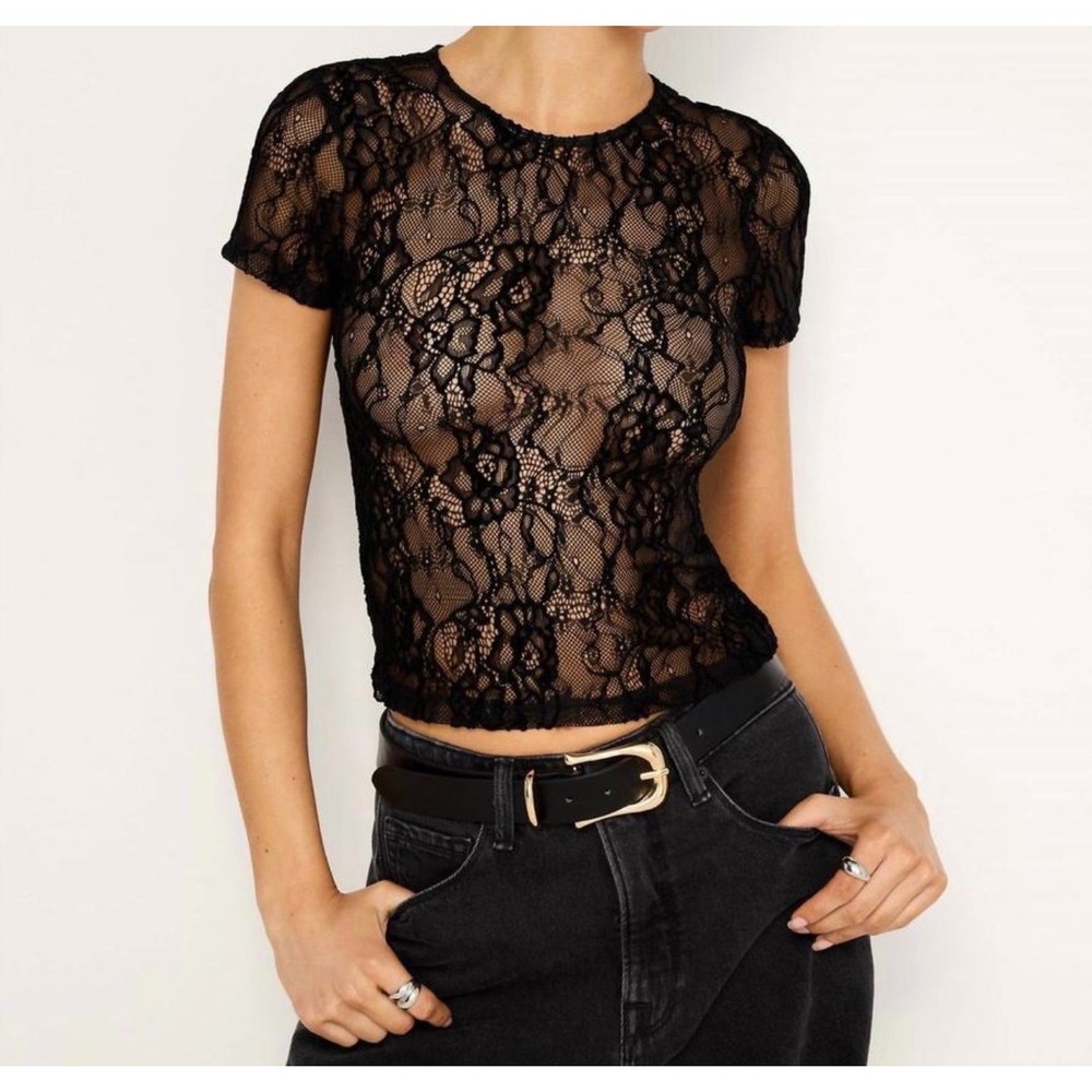 Good American Black Floral Lace Baby Tee Sheer Short Sleeve Top 2XL NEW